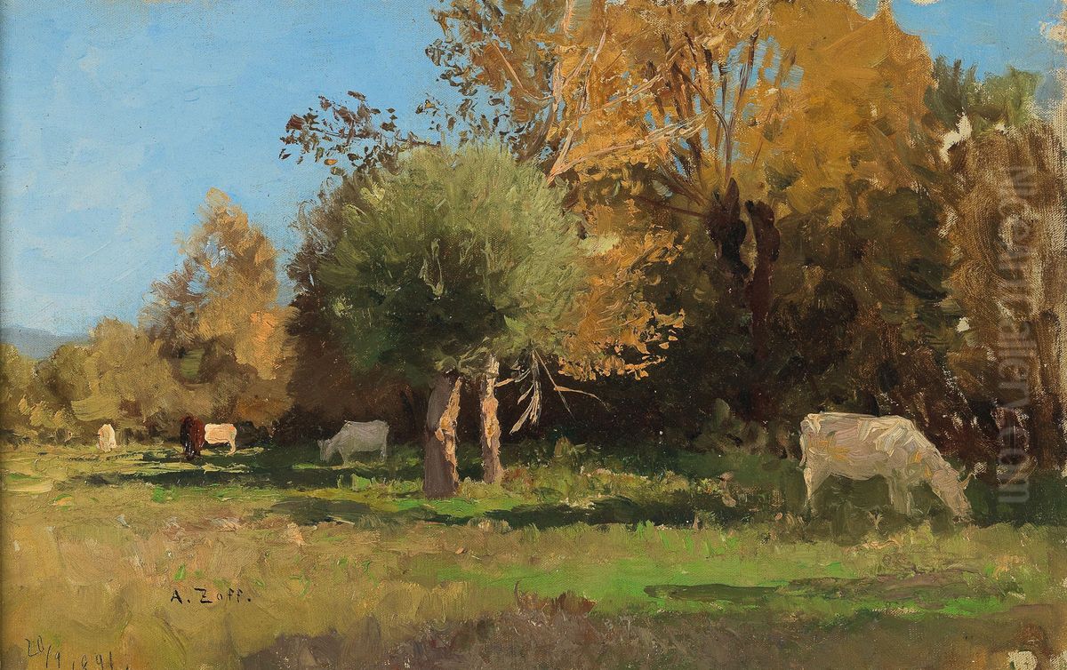 Grazing Cows near Langenpreising Oil Painting by Alfred Zoff