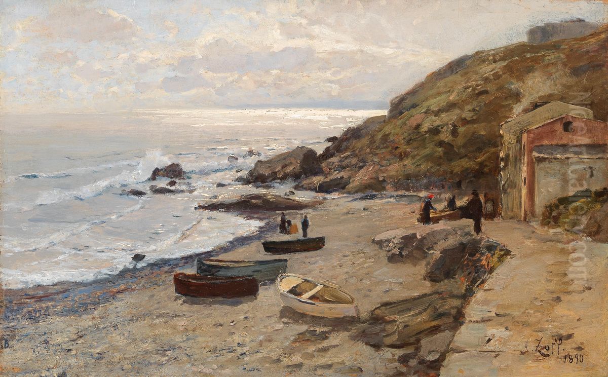 Abendstimmung mit Fischern an der Kuste Oil Painting by Alfred Zoff