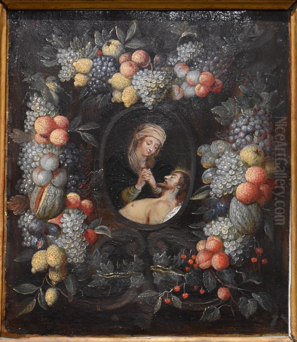 Guirlande de fruits entourant une Pieta Oil Painting by Abraham Brueghel