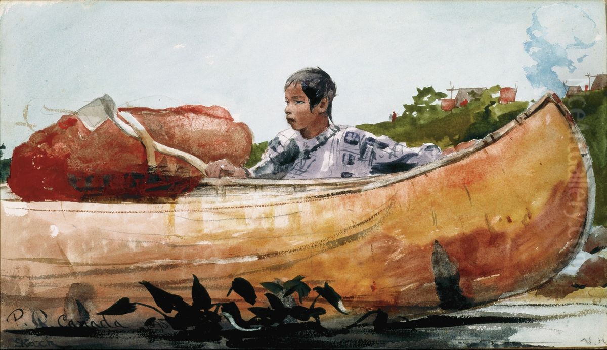 Indian Boy with Canoe Oil Painting by Winslow Homer