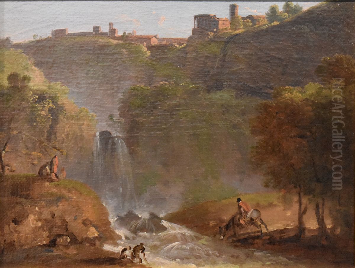 Les Cascatelles de Tivoli avec figures esquissees Oil Painting by Jean Antoine Constantin
