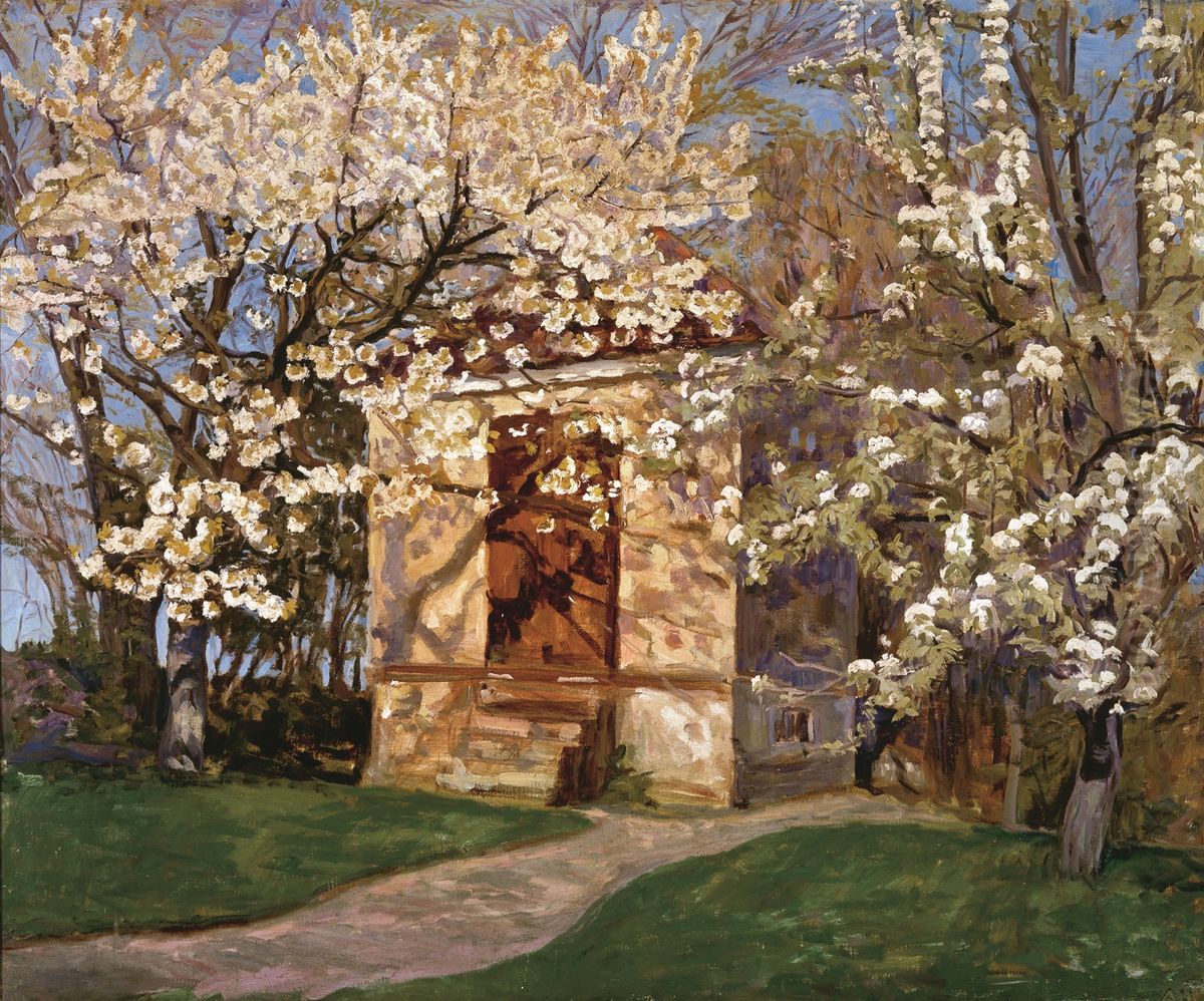 Havehuset med blomstrende kirsebaer Oil Painting by Alhed Larsen