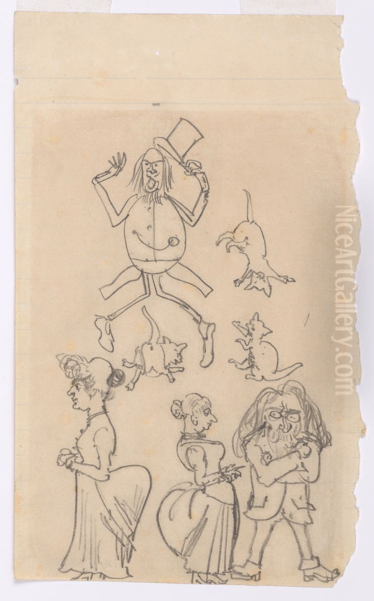 Caricature - A man tilting his top hat, jumping over a cat; humorous sketches of two cats; two women and a man Oil Painting by Jan Matejko