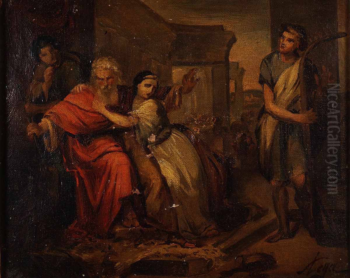 David che placa col suono dell'arpa le smanie di Saul travagliato dallo spirito malo (schizzo preparatorio) Oil Painting by Silvestro Lega