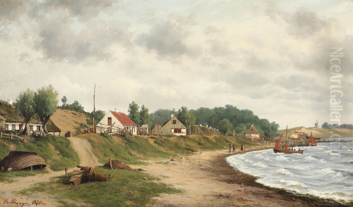 Parti fra fiskerlejet ved Humlebaek med udsigt mod Egebaeksvang. Oil Painting by Carl Baagoe