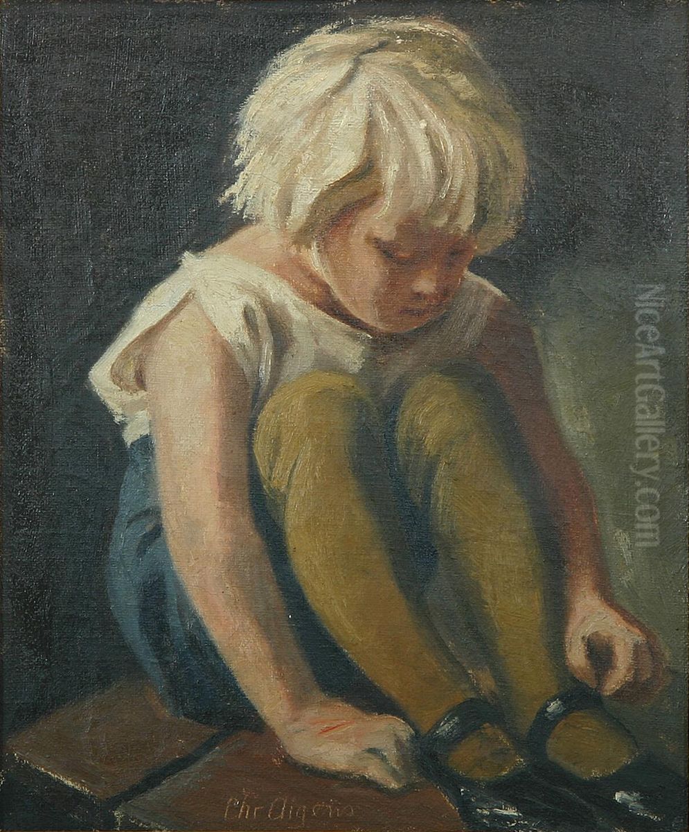 Portrait of a little girl in black shoes. Oil Painting by Christian Aigens