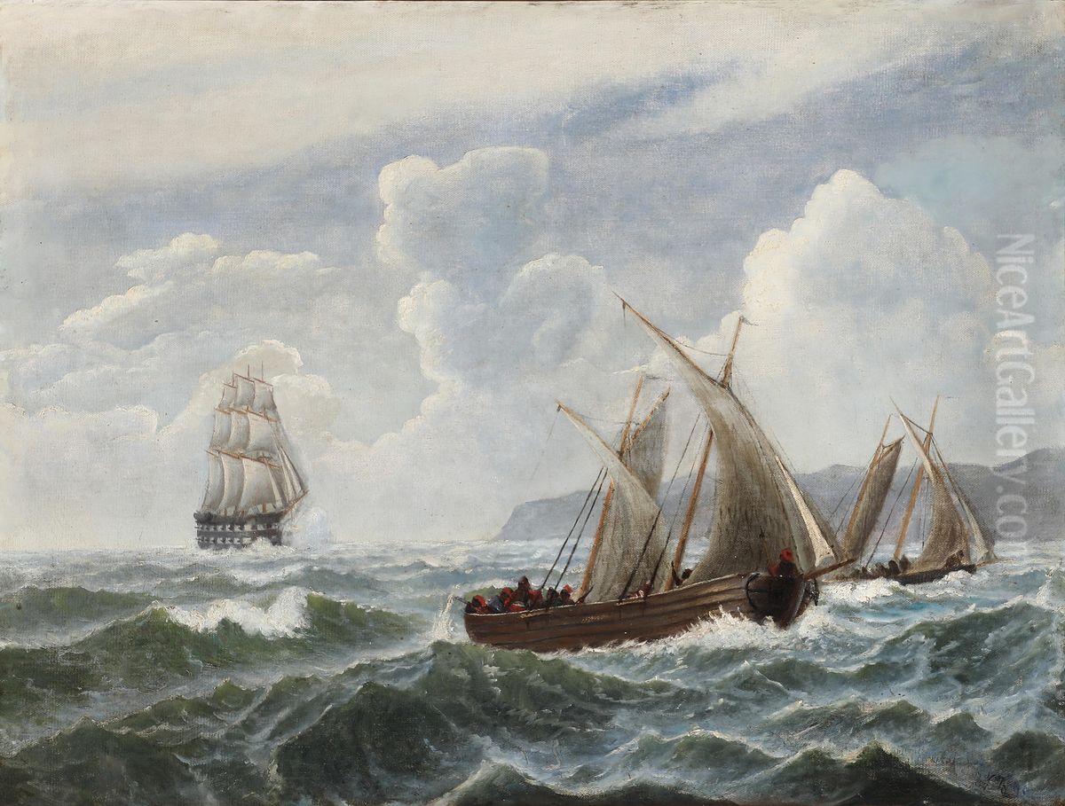 A battle scene with a ship of the line and pirates off a North African coast. Oil Painting by Carl Baagoe