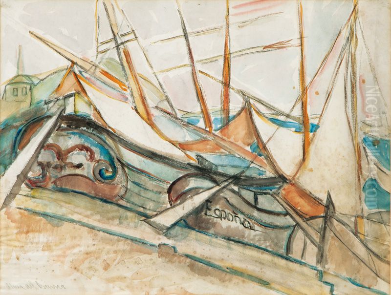 Boats in the harbor Oil Painting by Alma del Banco