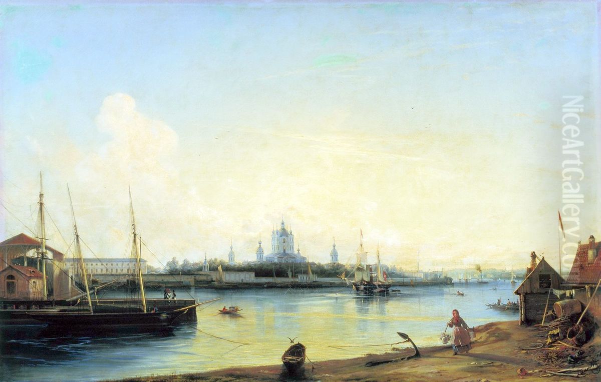 View of the Smolny monastery from Bol'shaya Ohta Oil Painting by Alexey Bogolyubov
