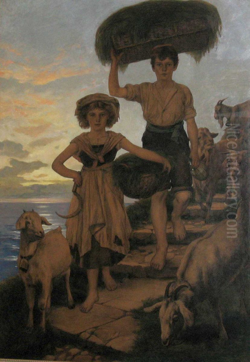 Hintenkinder / Zwei Kinder mit Ziegen Oil Painting by Christian Wilhelm Allers