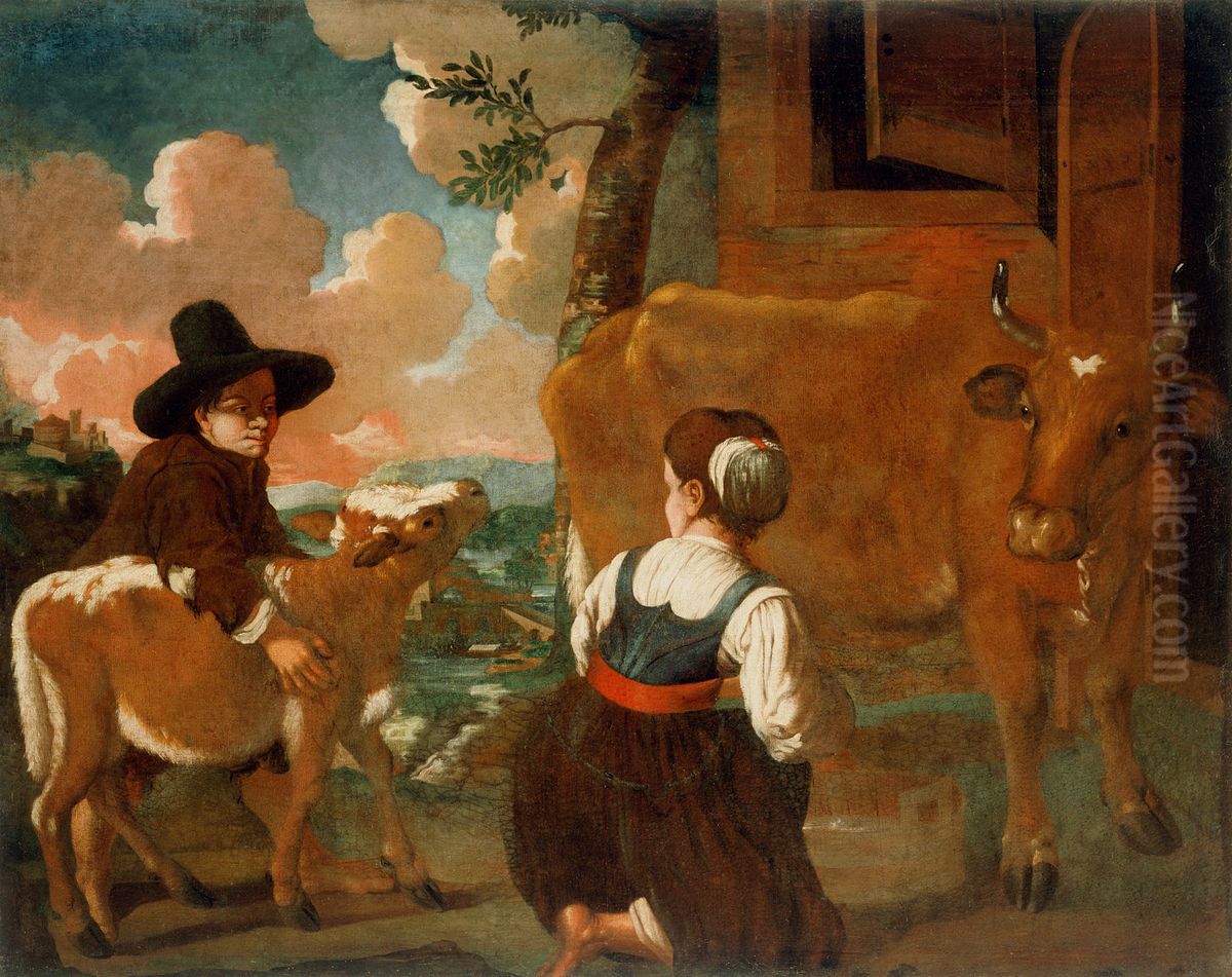 Pastir in pastirica (Mladenic s teletom in dekle, ki molze kravo) Oil Painting by Almanach