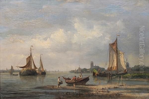 Unloading A Boat, Sailing Barges Nearby 'f. Carlebur 1874' Oil Painting by Francois Carlebur Of Dordrecht
