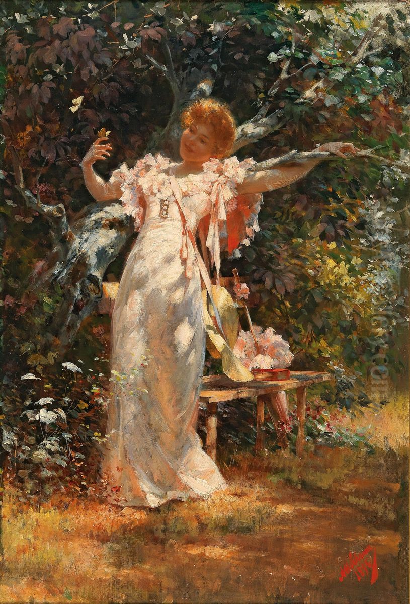 Playing with butterflies Oil Painting by Alois Hans Schram