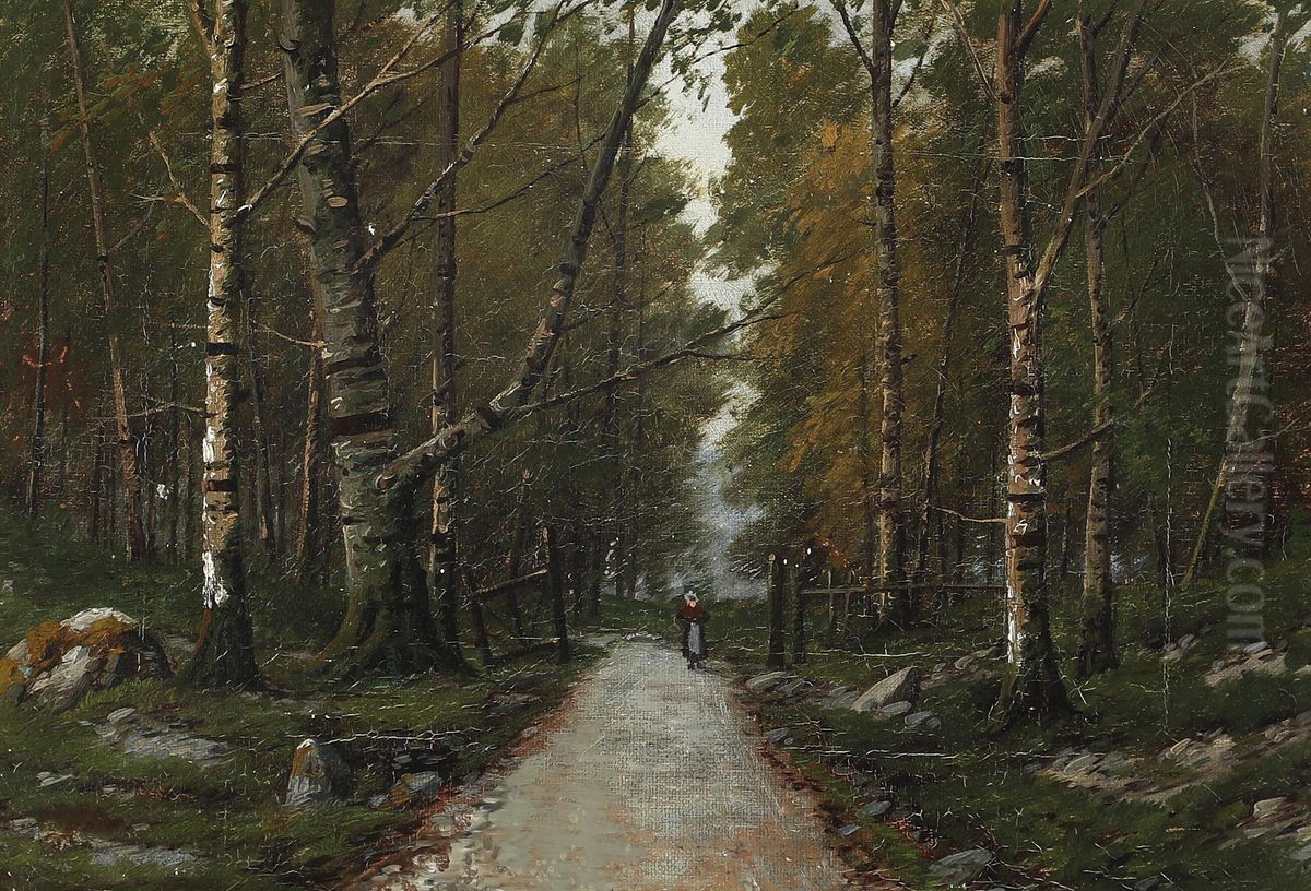 Skovparti med kvinde pa stien. Oil Painting by Anders Andersen-Lundby