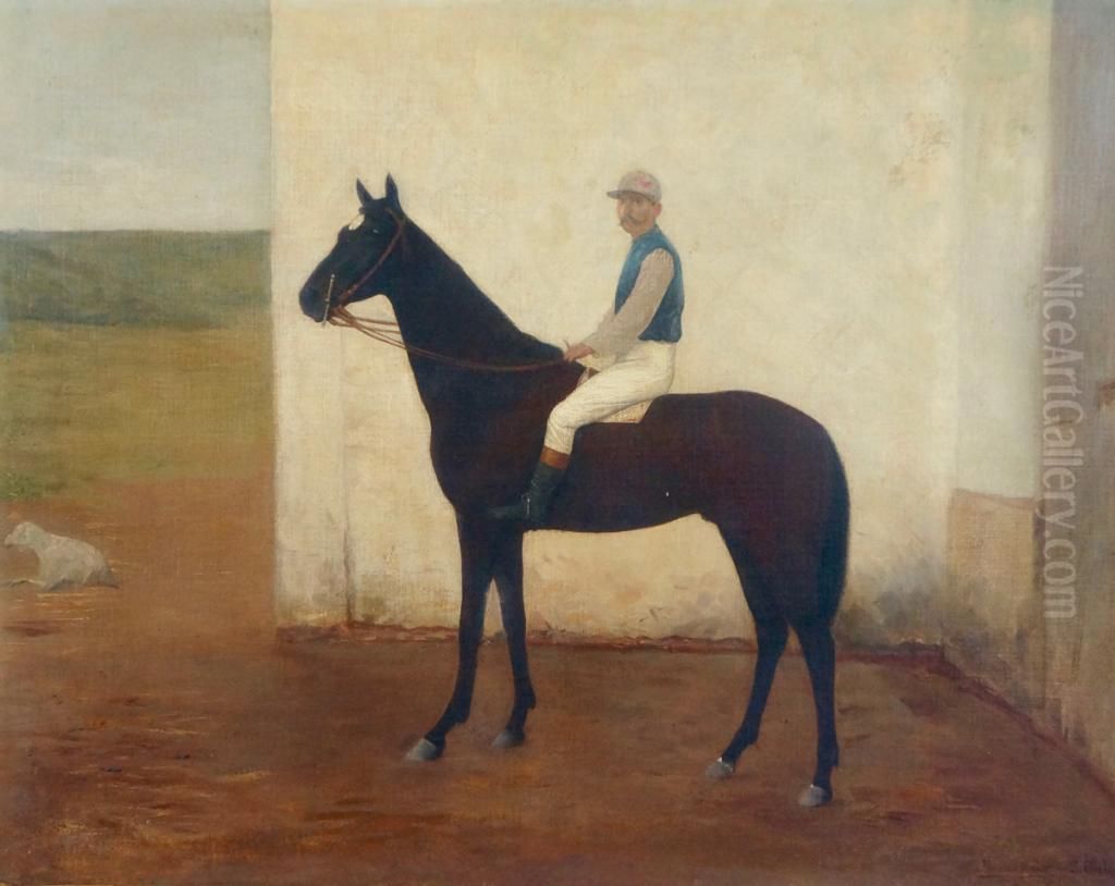 Joquei, cavalo puro sangue e ovelha em estrebaria Oil Painting by Jose Ferraz De Almeida Junior