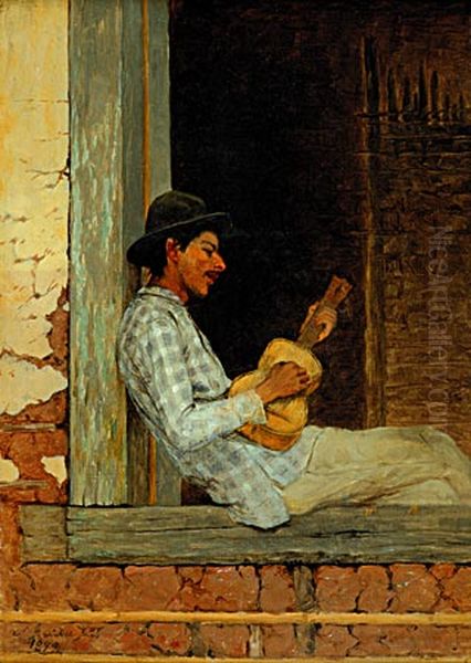 Guitar player at the window Oil Painting by Agostinho Jose da Mota
