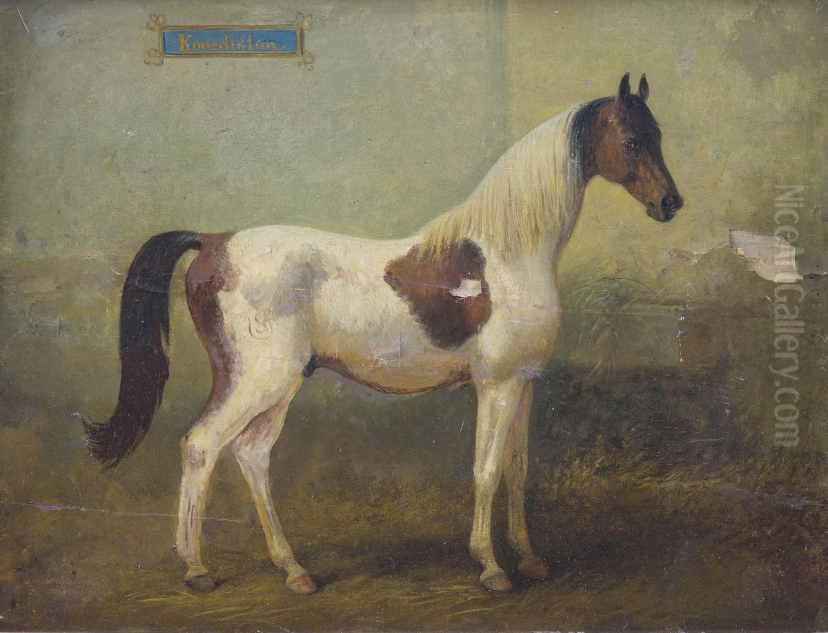 Junger gefleckter Hengst im Stall Oil Painting by Alois Bach