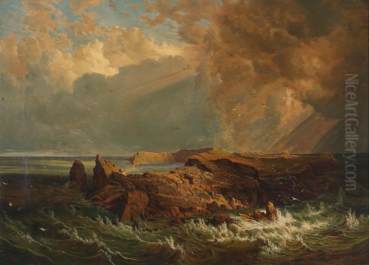 Breaking waves in a rocky coastal landscape Oil Painting by Alois Kirnig