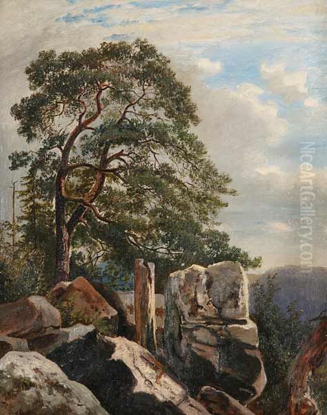 Pine Trees in a Rocky Landscape Oil Painting by Alois Kirnig