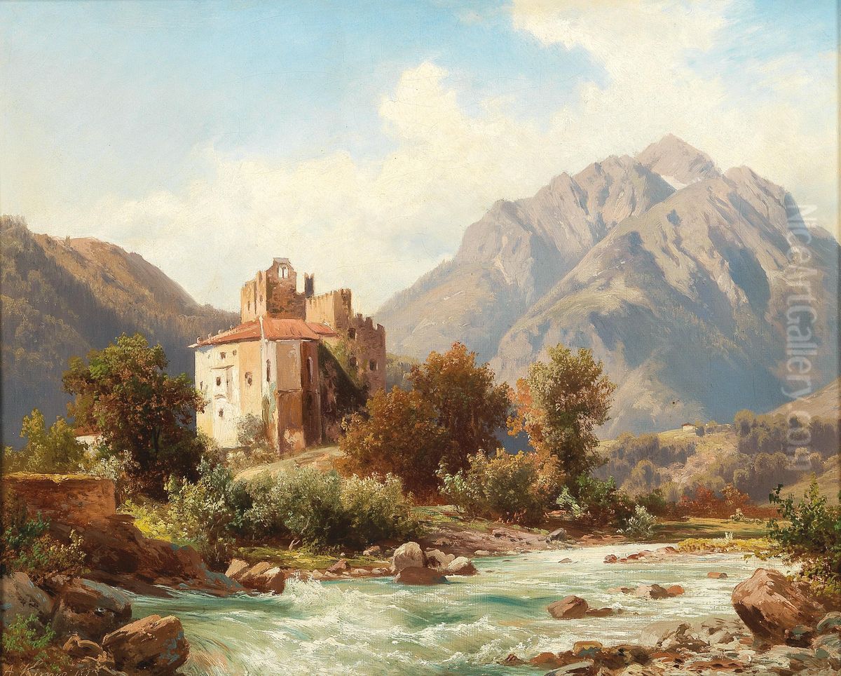 Forst Castle on the Adige near Merano Oil Painting by Alois Kirnig