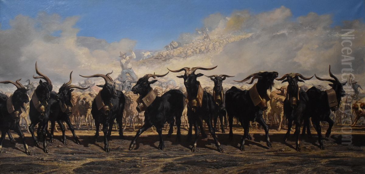 Les Menons en tete d'un troupeau en Camargue Oil Painting by Emile Loubon