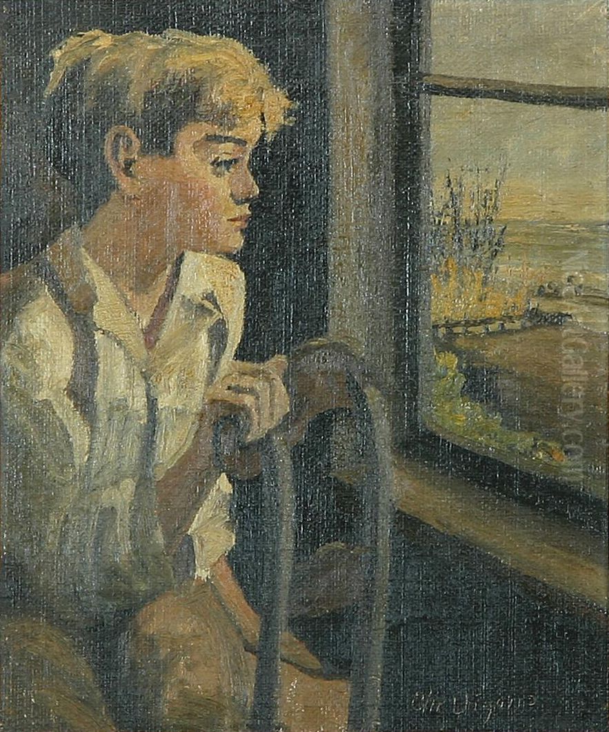 Interior med dreng. Oil Painting by Christian Aigens