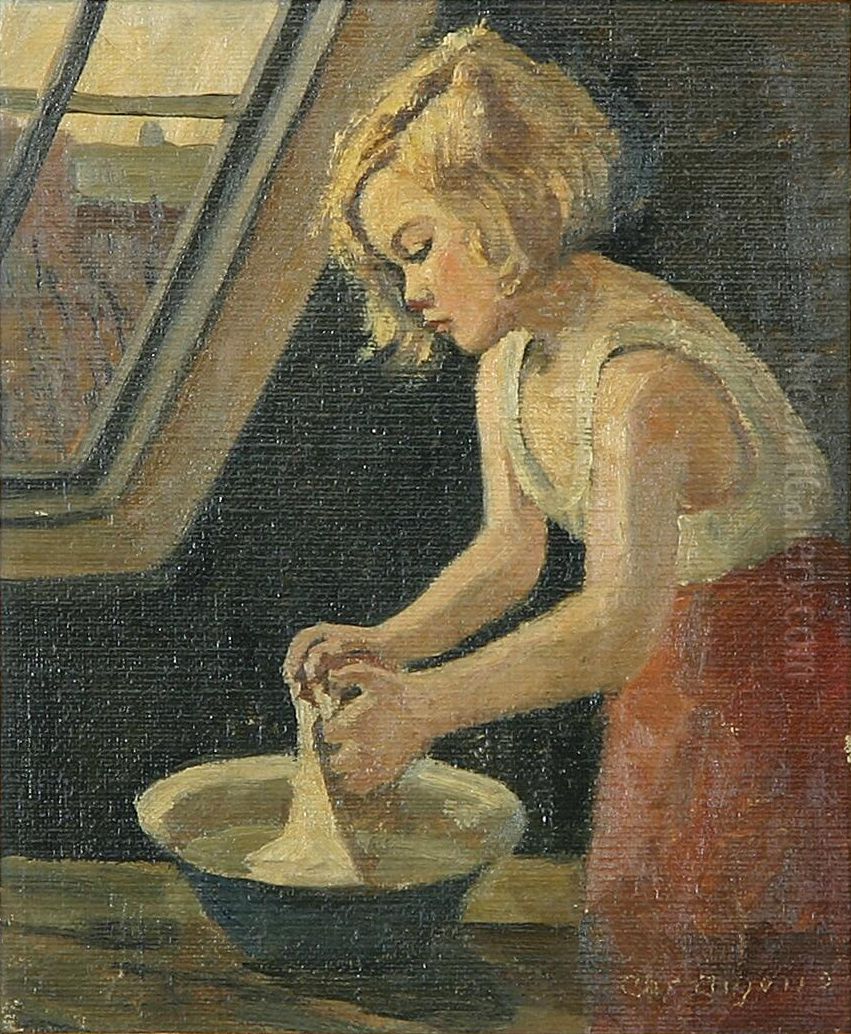 Interior med pige ved vaskefad. Oil Painting by Christian Aigens