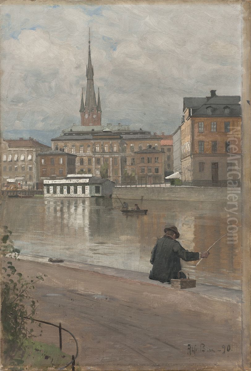 View of Konstakademien in Stockholm, 1890. Oil Painting by Alfred Bergstrom