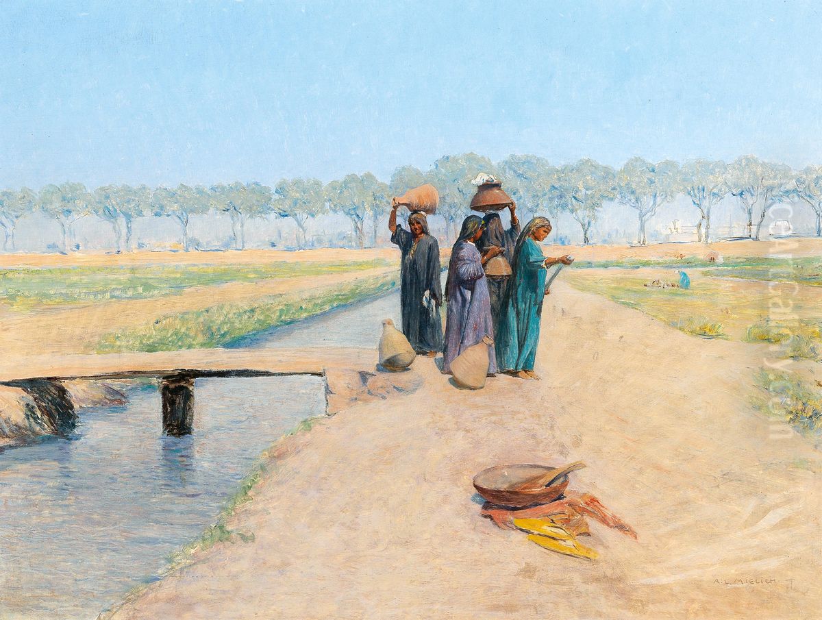 Fellahin, Motif on the Road to Giza near Cairo Oil Painting by Alphons Leopold Mielich