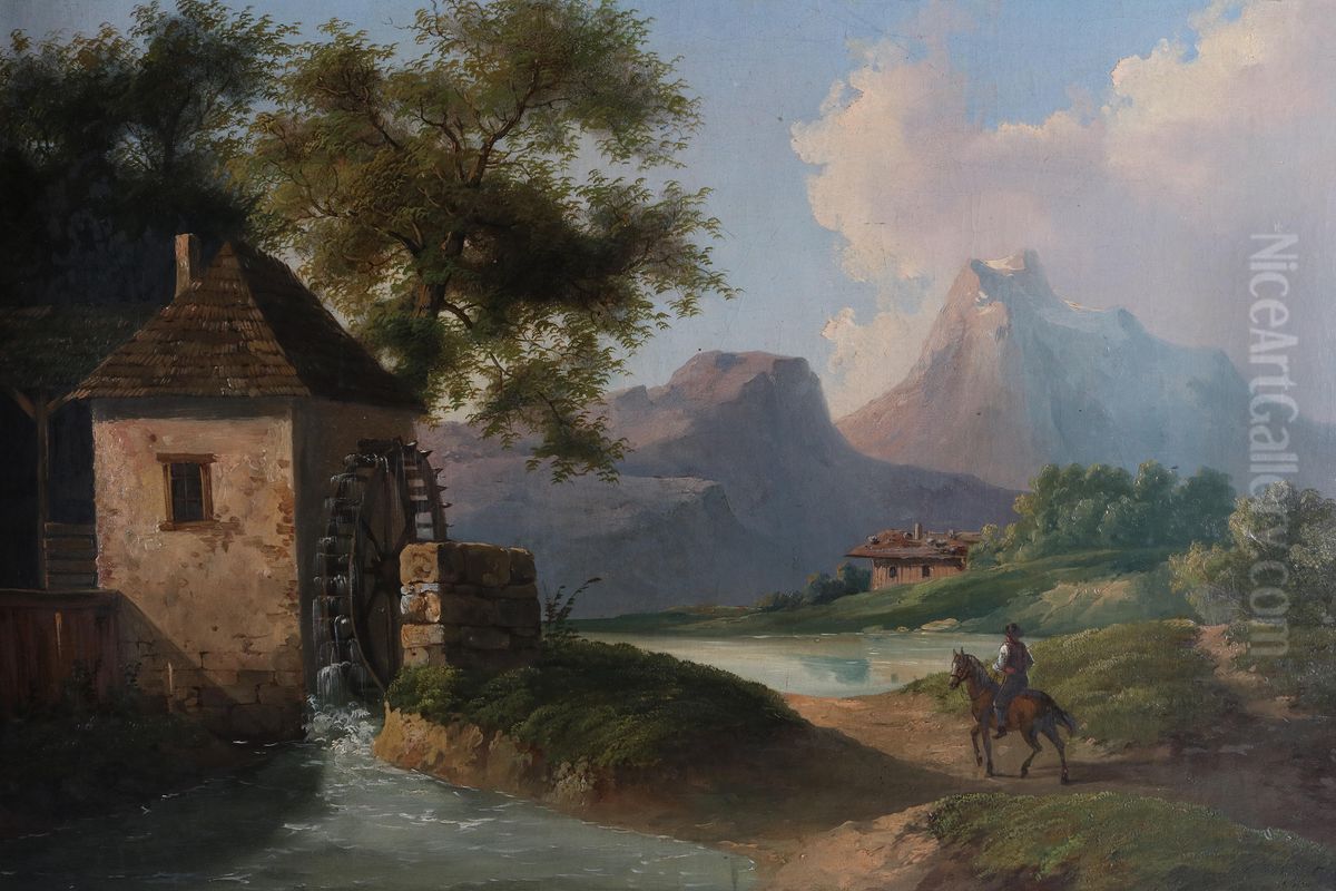 Alpenlandische Seenlandschaft mit Muhle und Reiter Oil Painting by unknown