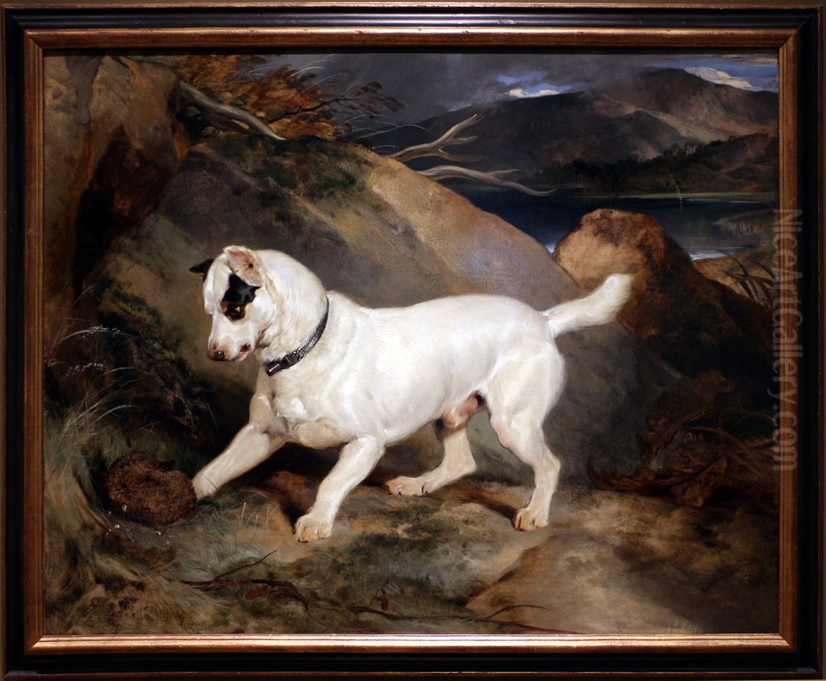Portrait of a Terrier, The Property of Owen Williams, ESQ., M.P. (Jocko with a Hedgehog) Oil Painting by Sir Edwin Henry Landseer