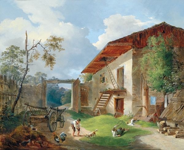 Kinder vor einem Bauernhaus Oil Painting by Anton Altmann