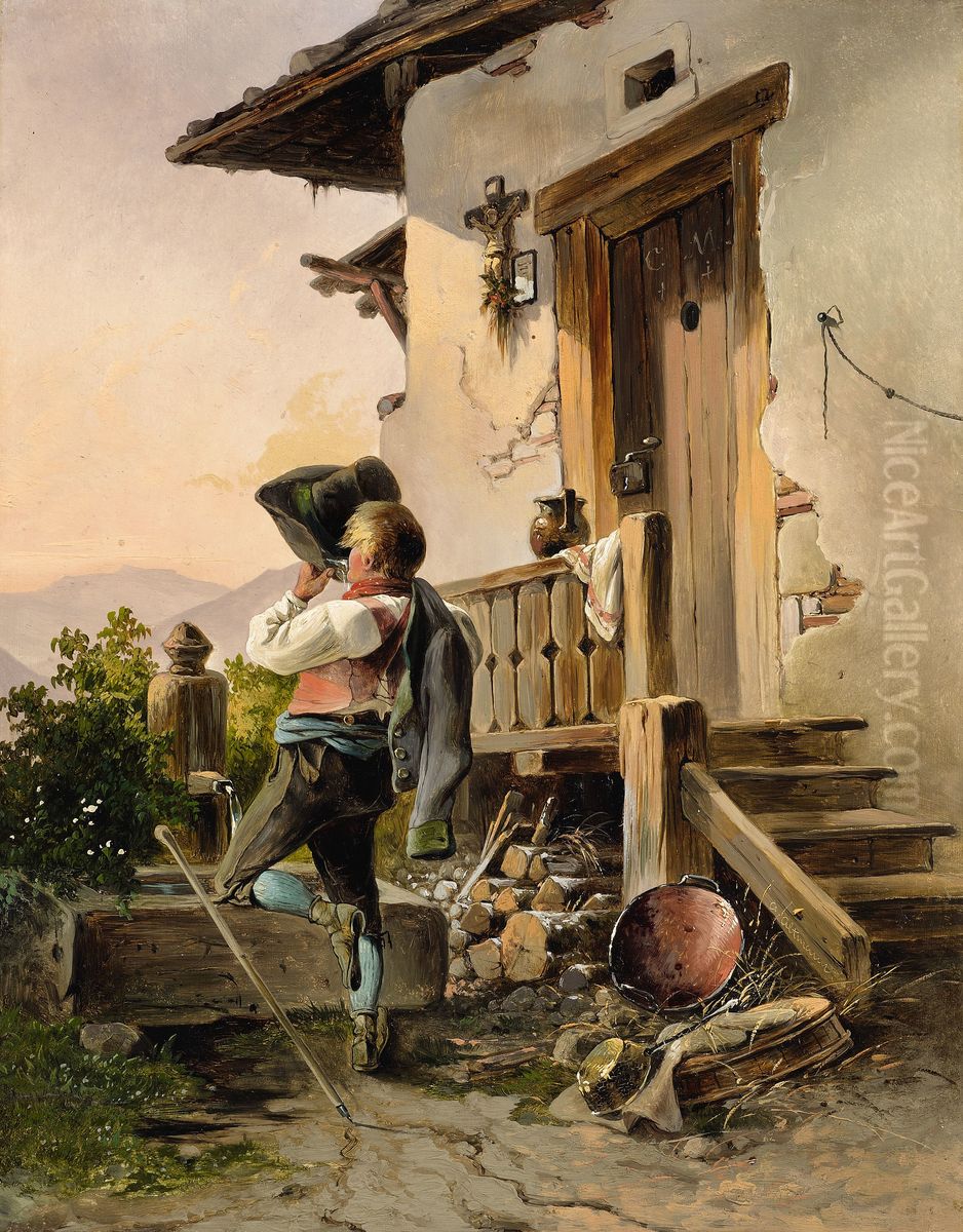 Rast und Erfrischung am Brunnen Oil Painting by Anton Altmann