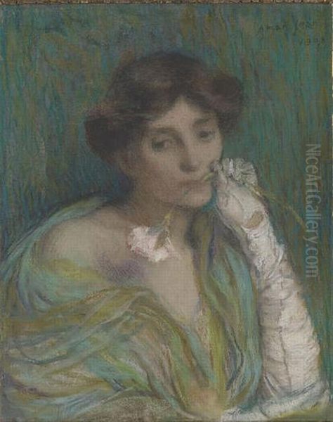 Portrait de femme, tenant un oeillet dans la bouche Oil Painting by Edmond-Francois Aman-Jean