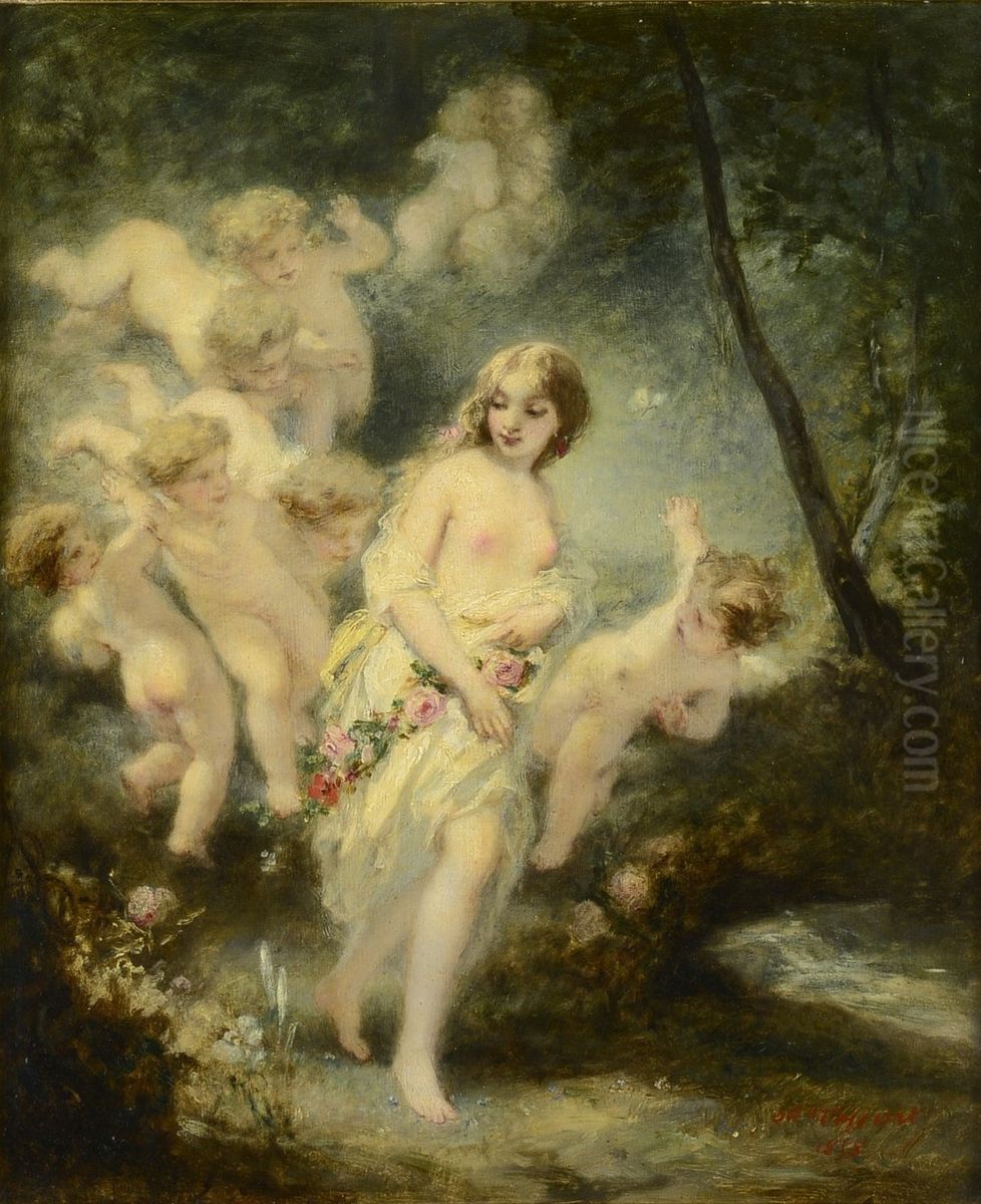 Nymph with Amours Oil Painting by Octave Tassaert