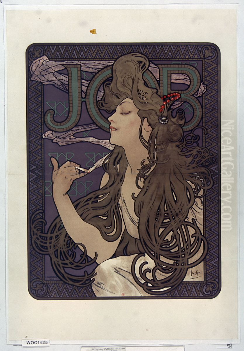 Advertisement for Job cigarettes. Oil Painting by Alphonse Mucha