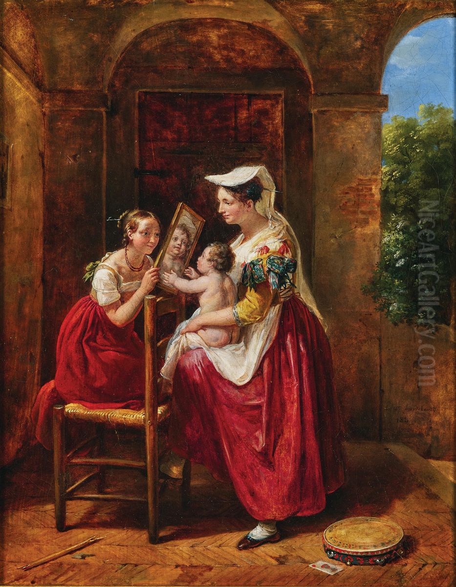 A child looking at herself in a mirror Oil Painting by Hortense Haudebourt-Lescot