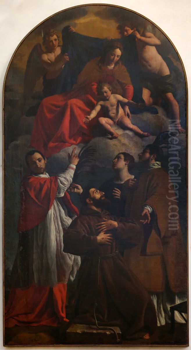 madonn}a col bambino tra i ss. carlo borromeo, francesco, scolastica e lorenzo Oil Painting by Alessandro Turchi