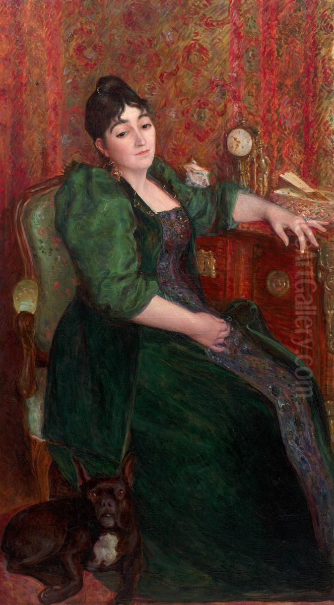 Self-portrait with dog Oil Painting by Marie Bracquemond