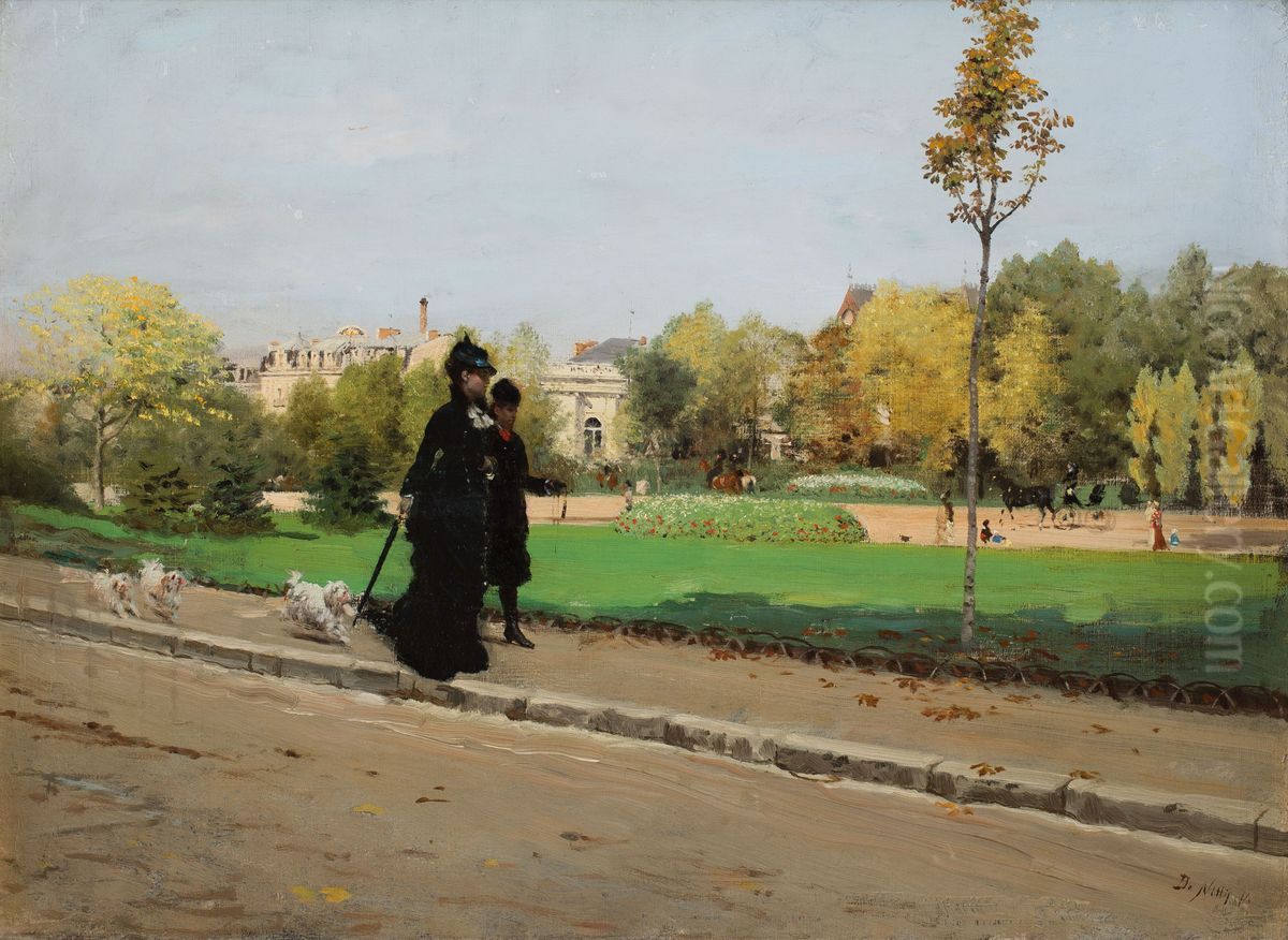 Walk with the dogs Oil Painting by Giuseppe de Nittis