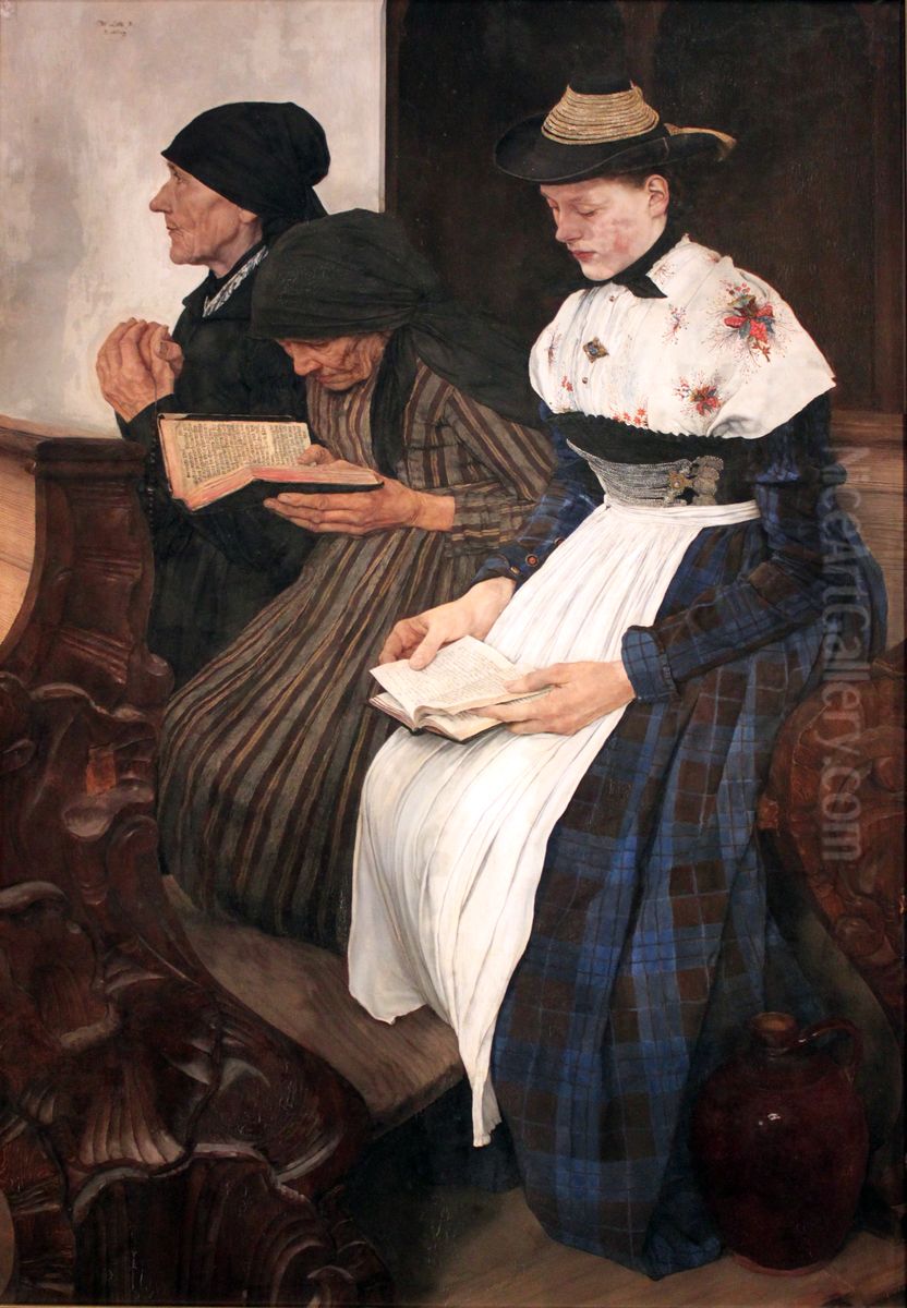 Three women in the church Oil Painting by Wilhelm Leibl