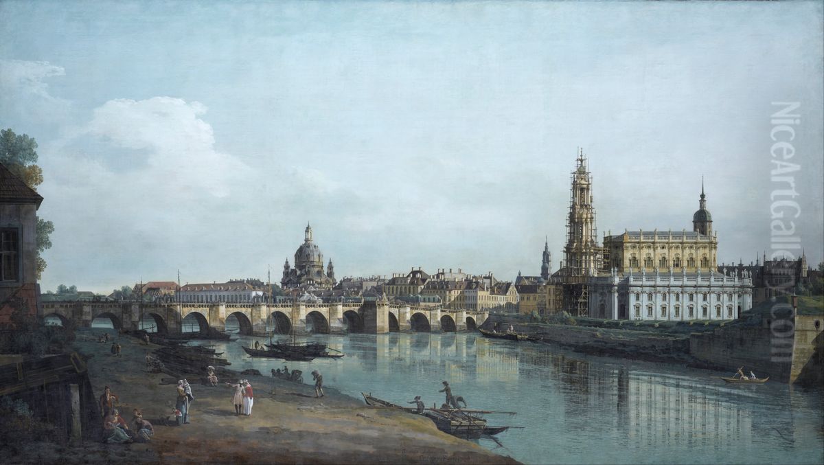 Dresden seen from the Right Bank of the Elbe, beneath the Augusts Bridge Oil Painting by Bernardo Bellotto