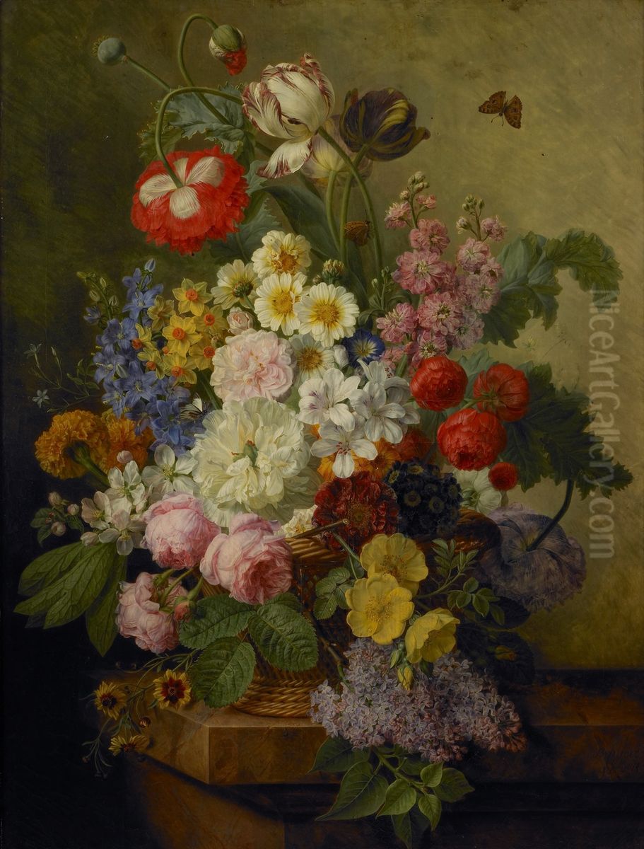 Flowers in a basket Oil Painting by Elise Bruyere