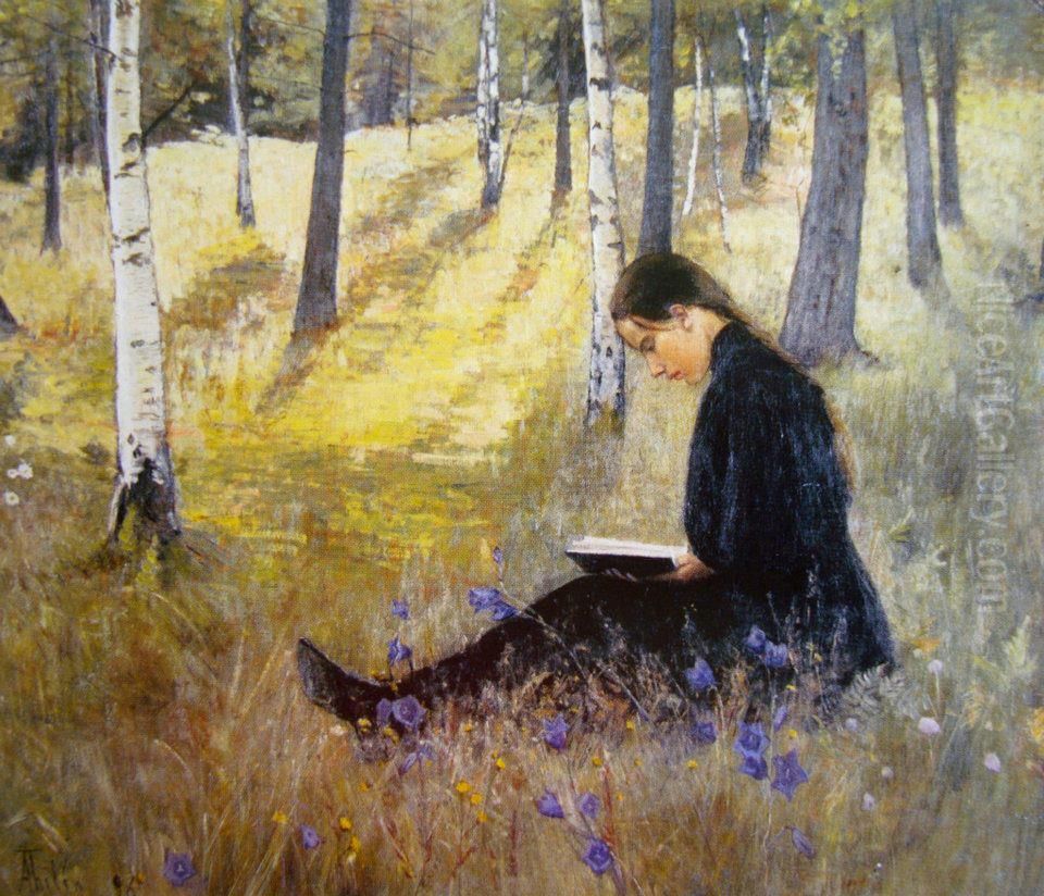 Girl Reading in a Landscape Oil Painting by Ada Thilen