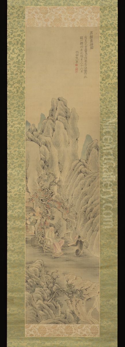 Monkey Offering a Qin to Scholar yi lei chou de tu (Irui hotoku zu) Oil Painting by Tanomura Chikuden