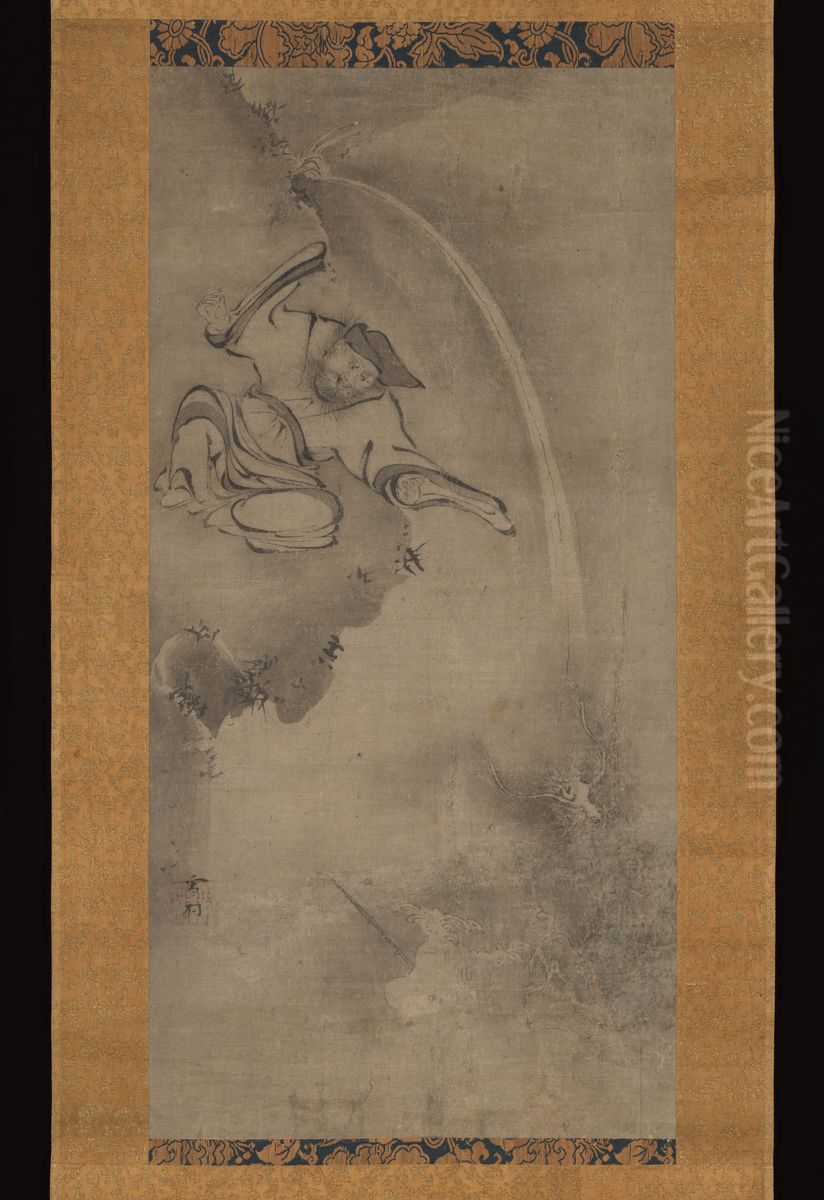 Daoist Master Fei Zhangfang with a Dragon Oil Painting by Sesson Shukei