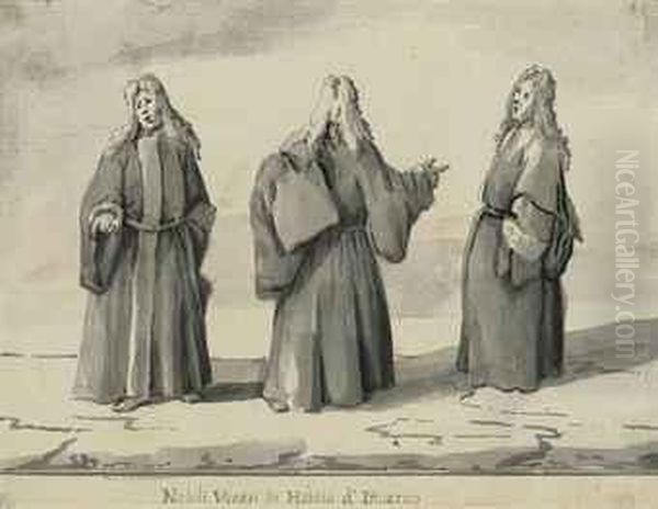 Venetian Senators In Winter Dress Oil Painting by Luca Carlevarijs