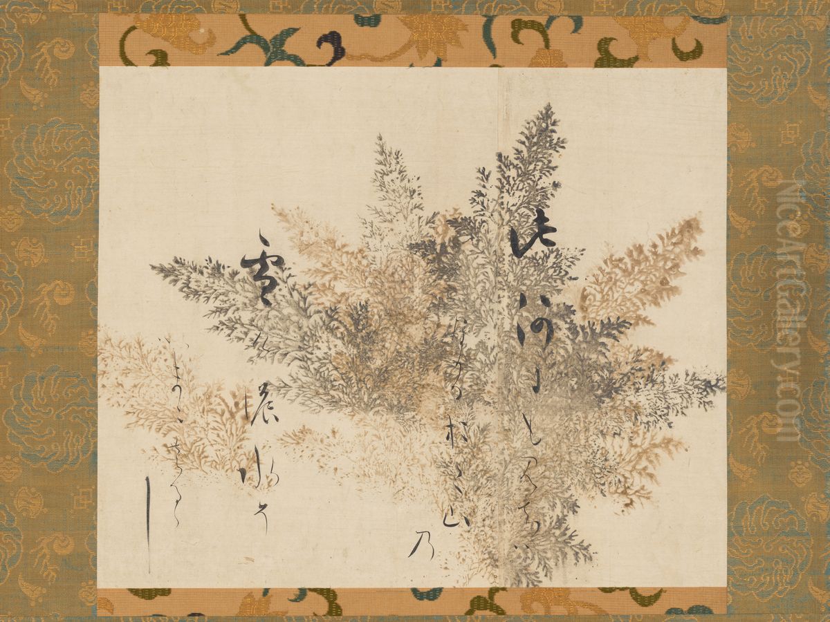 Waka Poem with Printed Gold-and-Silver Underpainting of Cypress Fronds Oil Painting by Honami Koetsu