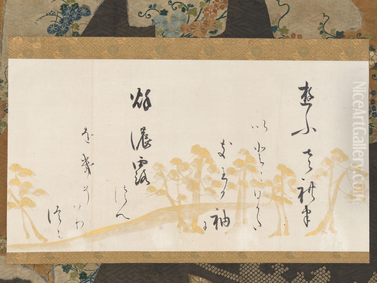 Section of a Handscroll with Waka and Underpainting of Pines Oil Painting by Honami Koetsu