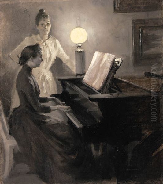 'En ungdomsmelodi', Nuoruuden savelma (At the piano) Oil Painting by Albert Edelfelt